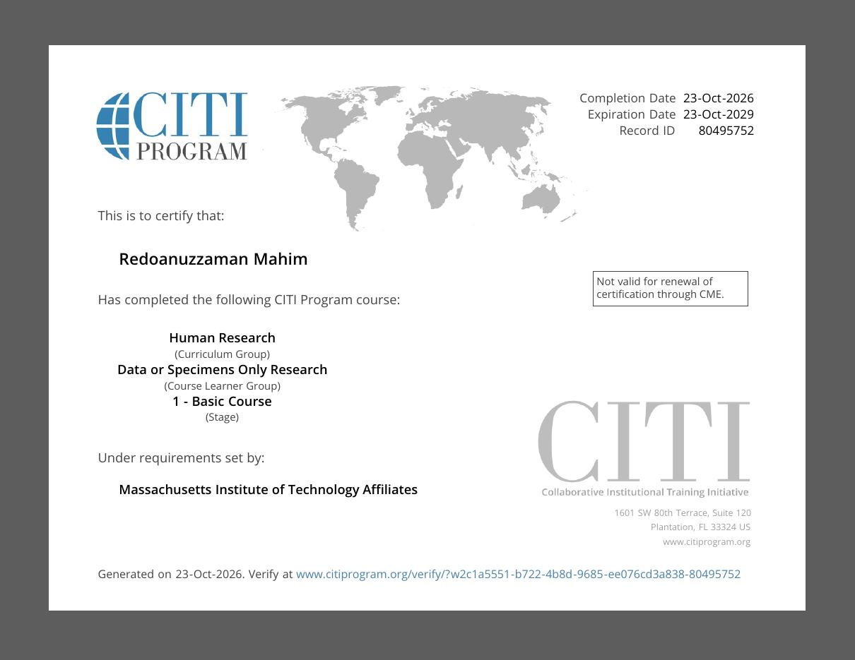 Data or Specimens Only Research (Human Research Basic Course) certificate