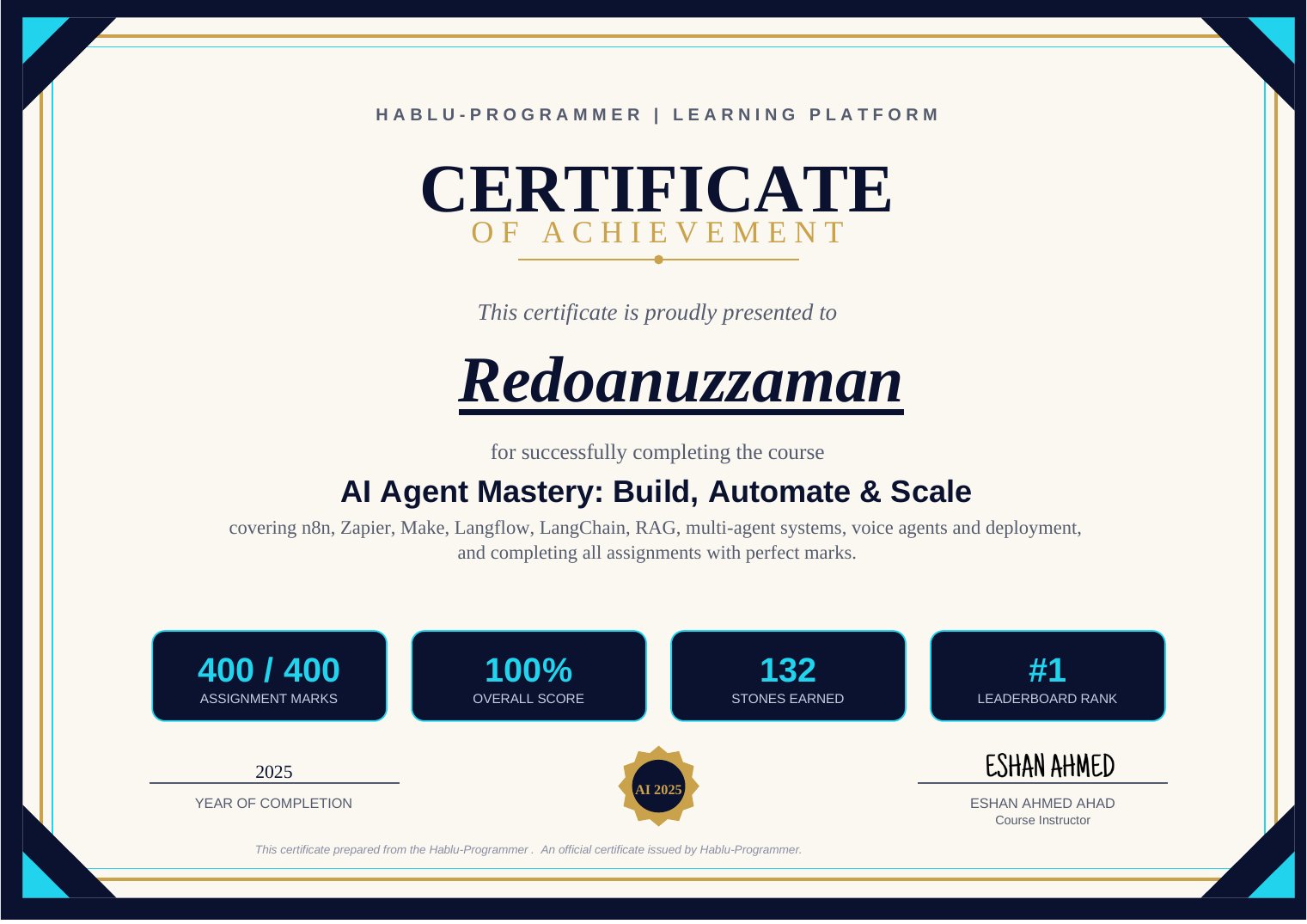 AI Agent Mastery: Build, Automate & Scale certificate
