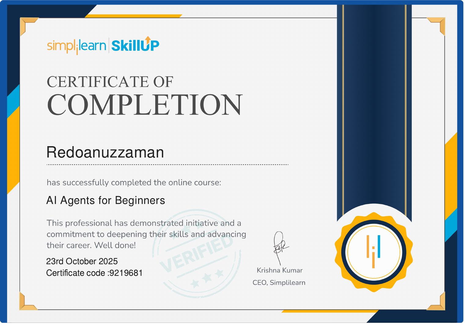 AI Agents for Beginners certificate