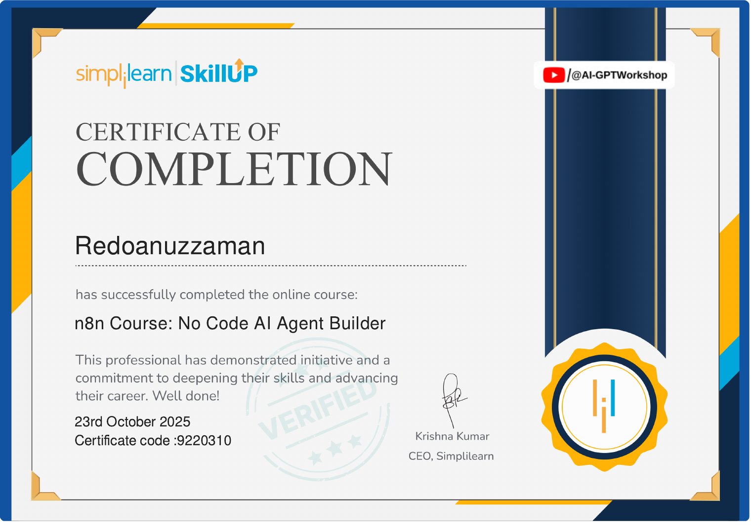 n8n Course: No Code AI Agent Builder certificate