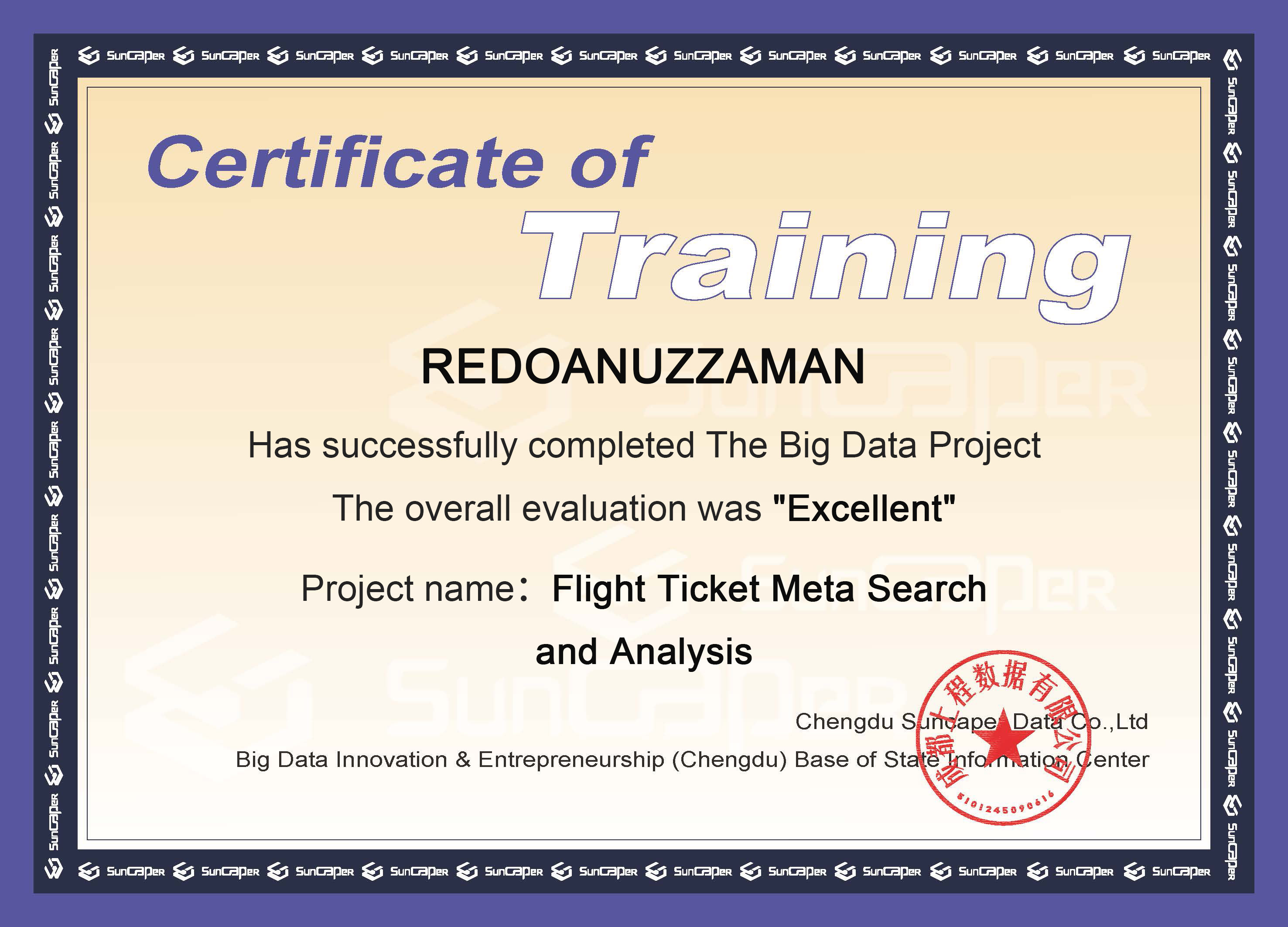 Big Data Project Training — Flight Ticket Meta Search and Analysis certificate